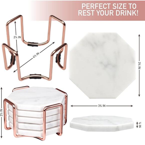 NIB D'Eco White Carrara Marble Coasters & Rose Gold Coaster Holder, Set of 5 - Picture 10 of 13
